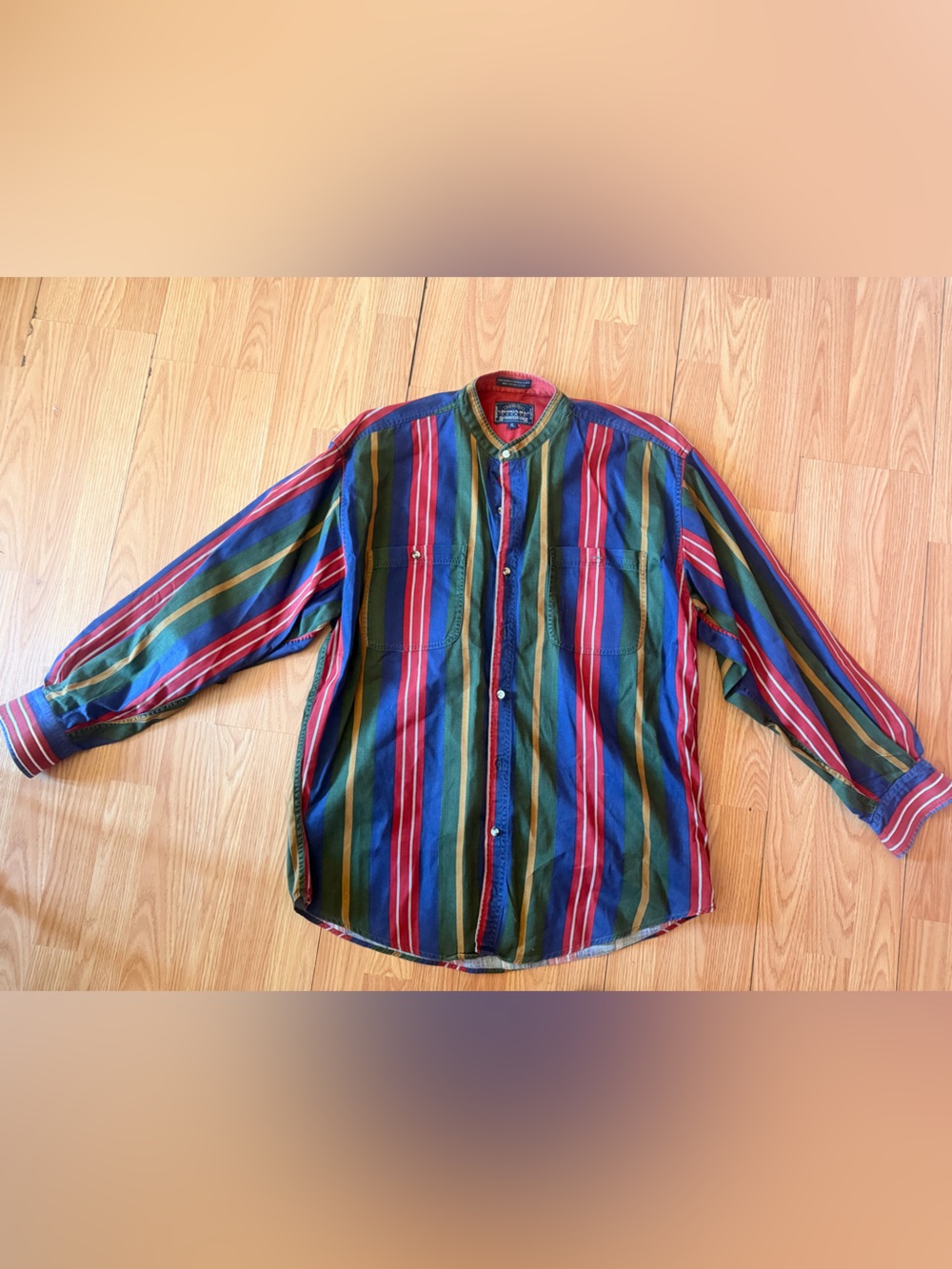 Bogari Studio Men's vintage Multi Color Striped Banded Collar Cotton Shirt XL